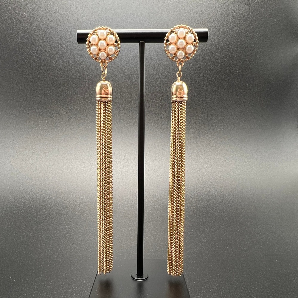 Tassel Drop Earrings Gold Tone Faux Pearl Long Statement Vintage‎ Style Glam